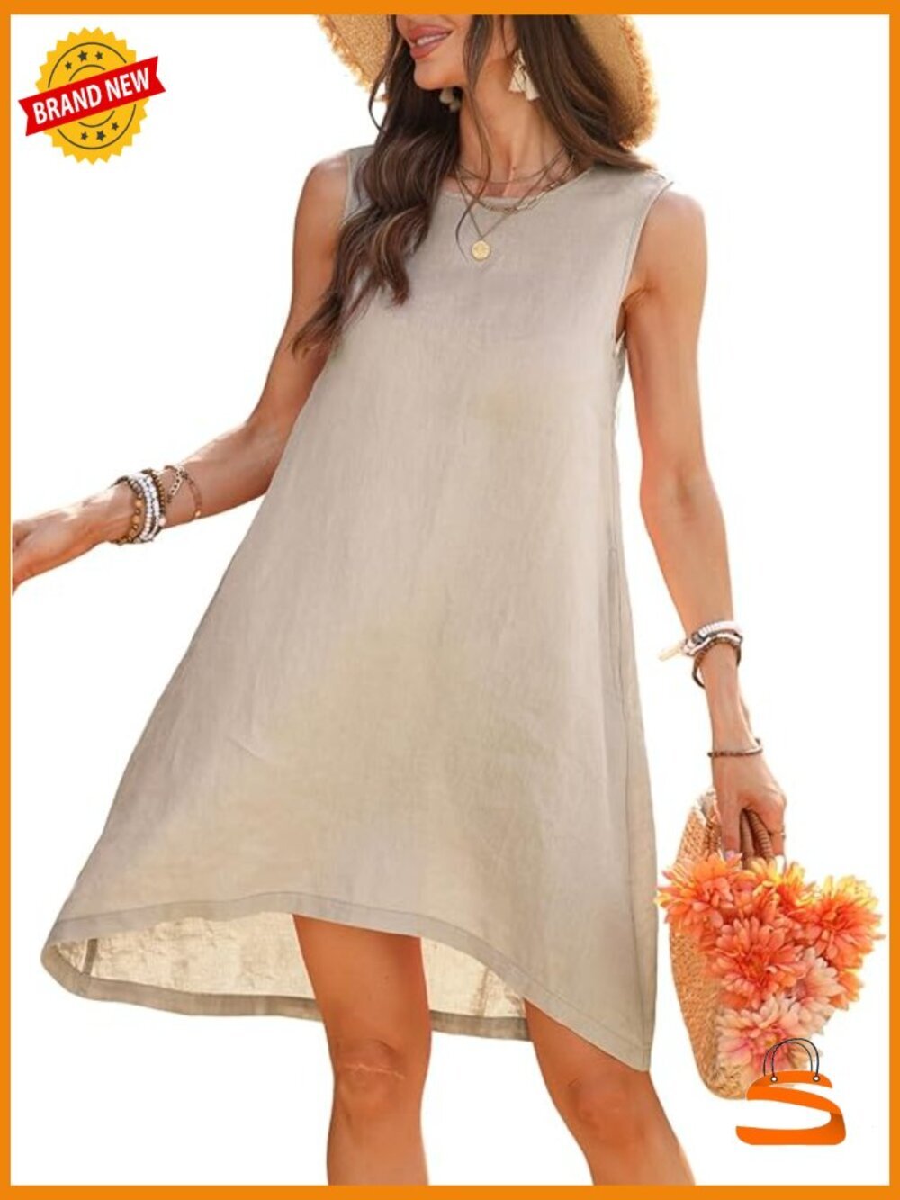 100% Linen Mini Dress with Pockets A-line High Low Hem Sleeveless